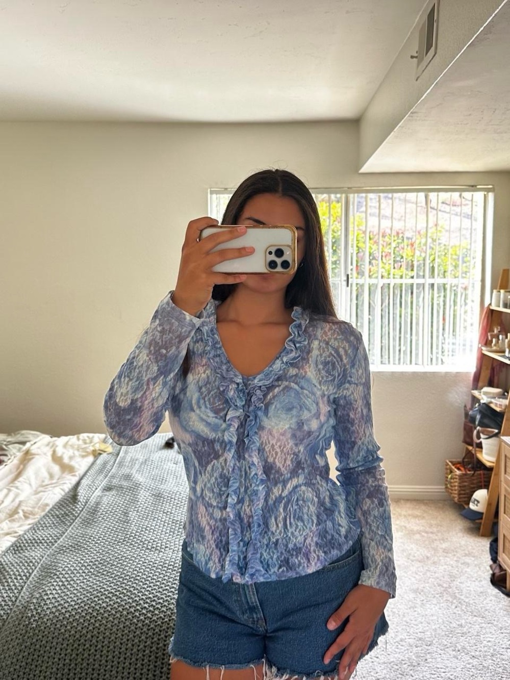 CLIO Blue Ruffle-Front Lace Top - Picture 2 of 5